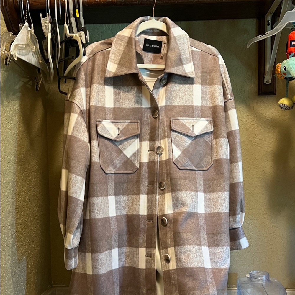 Dolce Cabo Tan and Cream Plaid Utility Jacket